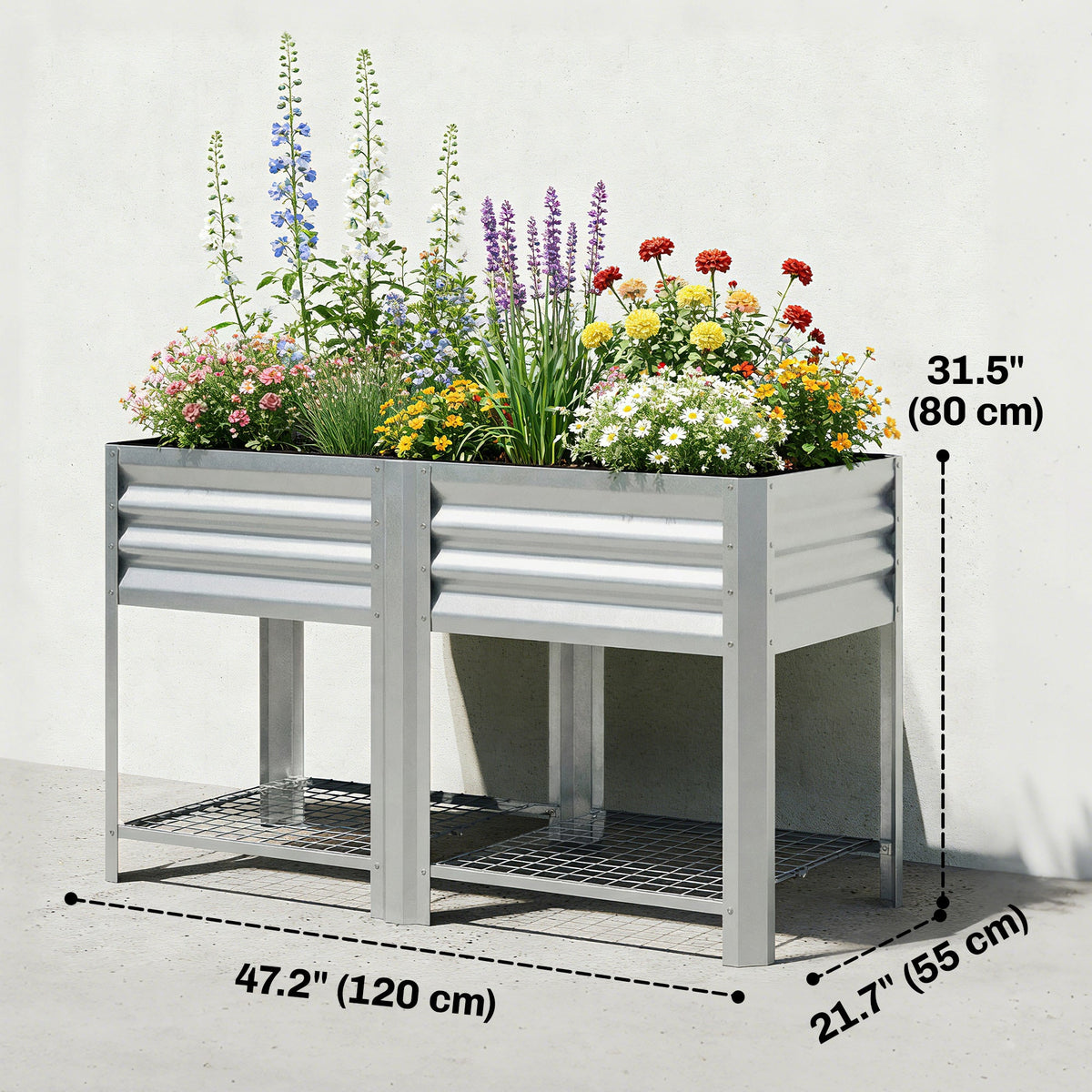 Galvanized Steel Raised Garden Bed with Legs and Storage Shelf, Silver