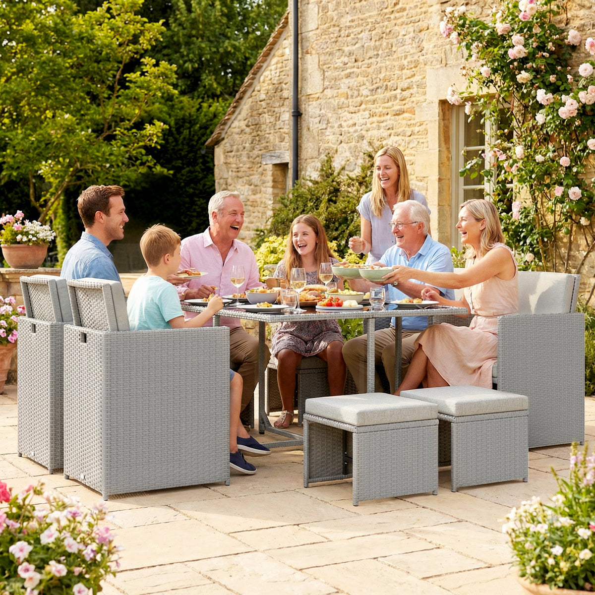 8 Seater Rattan Cube Garden Dining Set with Cushions, Light Grey