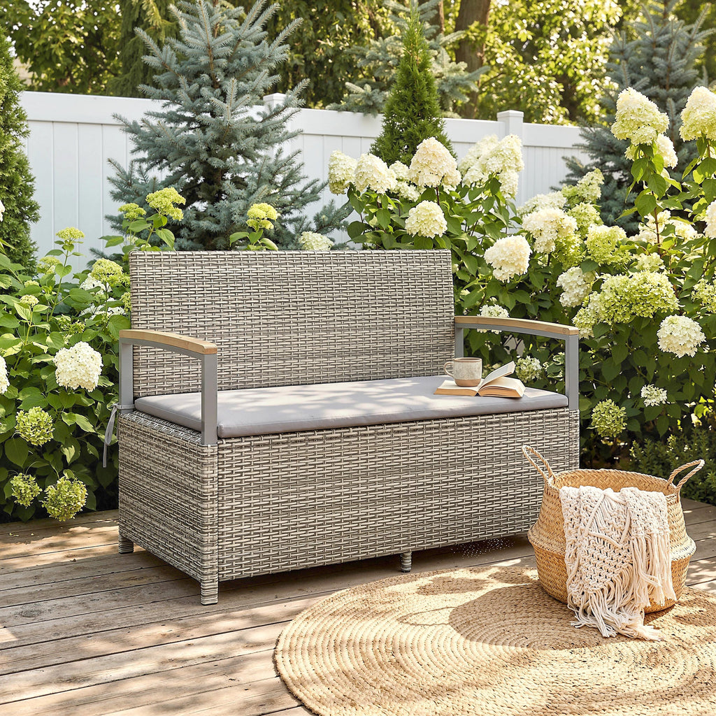 144L 2-Seater Rattan Storage Bench with Acacia Armrests & Gas Strut, Light Grey