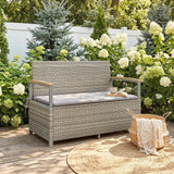 144L 2-Seater Rattan Storage Bench with Acacia Armrests & Gas Strut, Light Grey