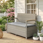 144L 2-Seater Rattan Storage Bench with Acacia Armrests & Gas Strut, Light Grey
