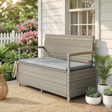 144L 2-Seater Rattan Storage Bench with Acacia Armrests & Gas Strut, Light Grey