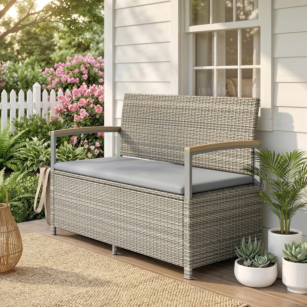 144L 2-Seater Rattan Storage Bench with Acacia Armrests & Gas Strut, Light Grey