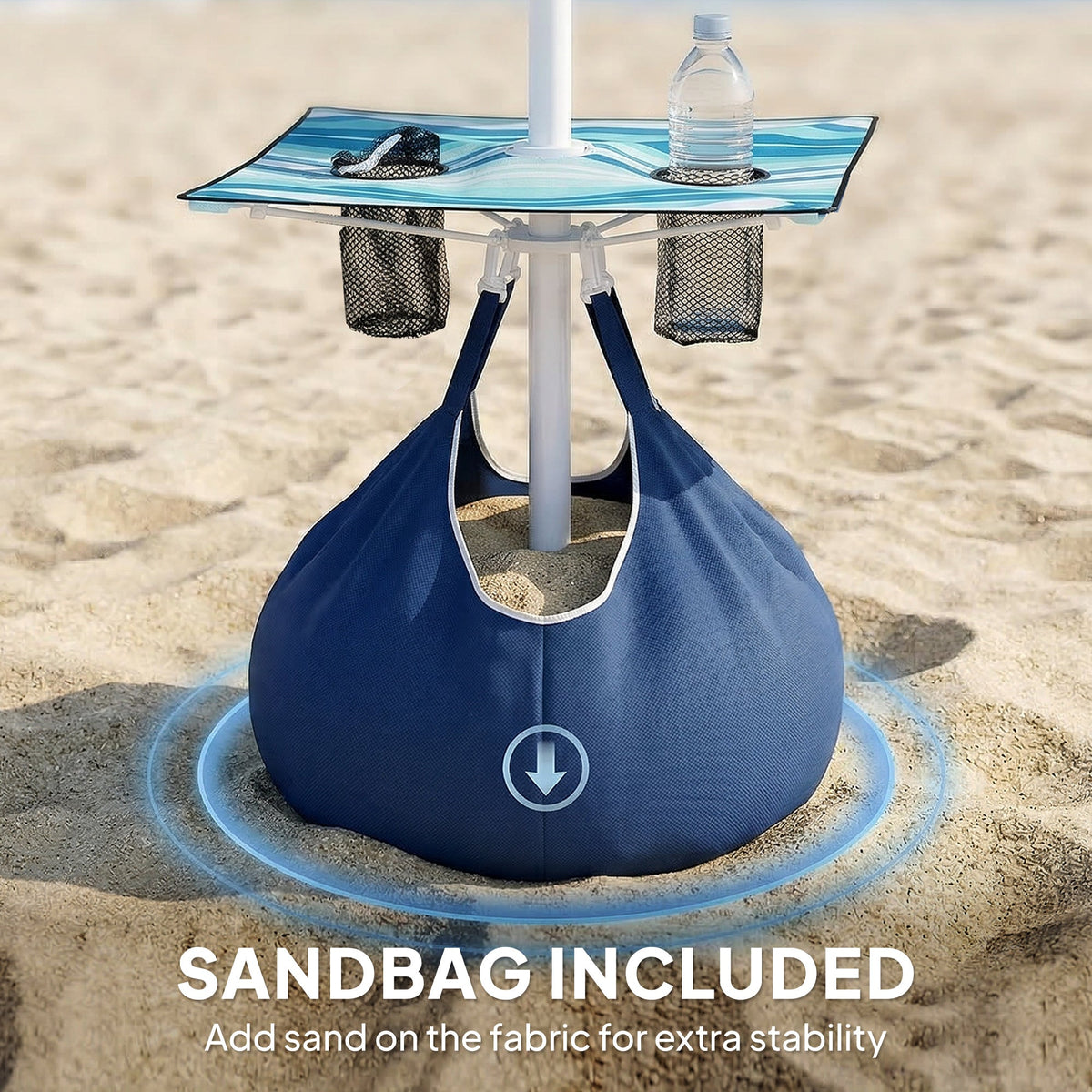 6 ft Portable Beach Umbrella with Foldable Table and Cup Holders, Dark Blue