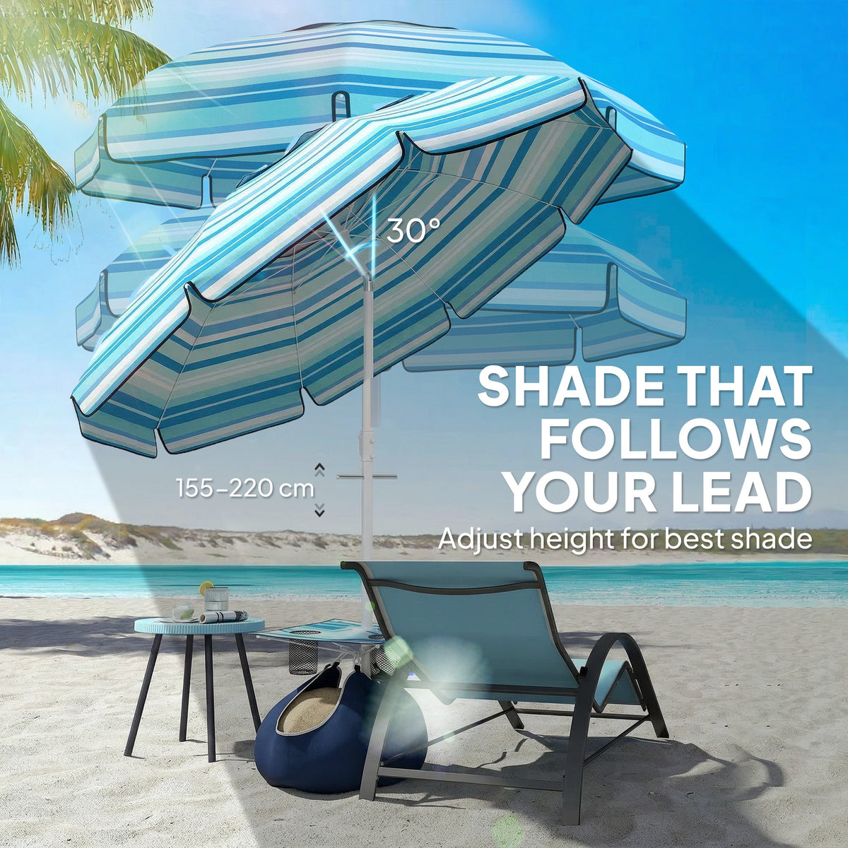 6 ft Portable Beach Umbrella with Foldable Table and Cup Holders, Dark Blue