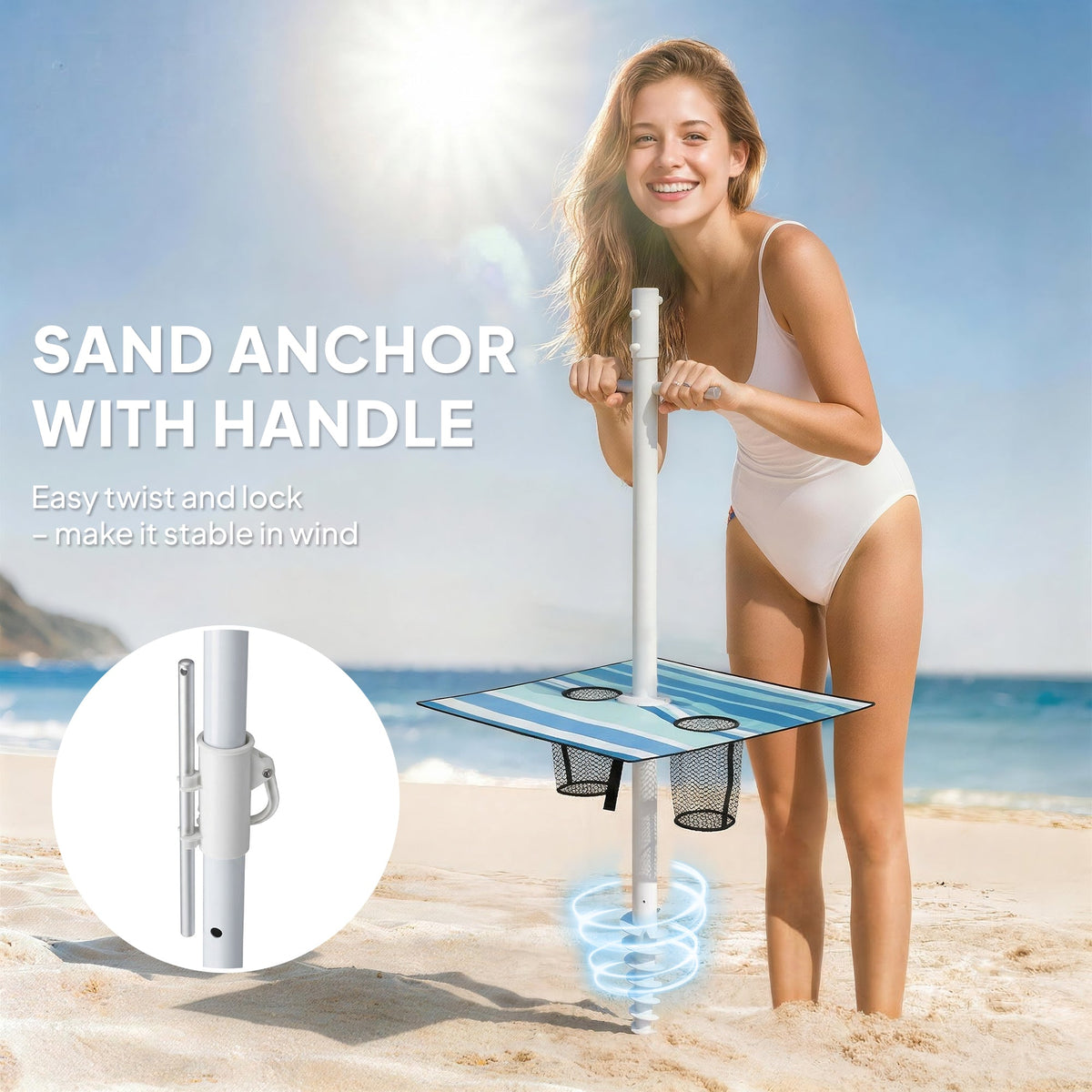 6 ft Portable Beach Umbrella with Foldable Table and Cup Holders, Dark Blue