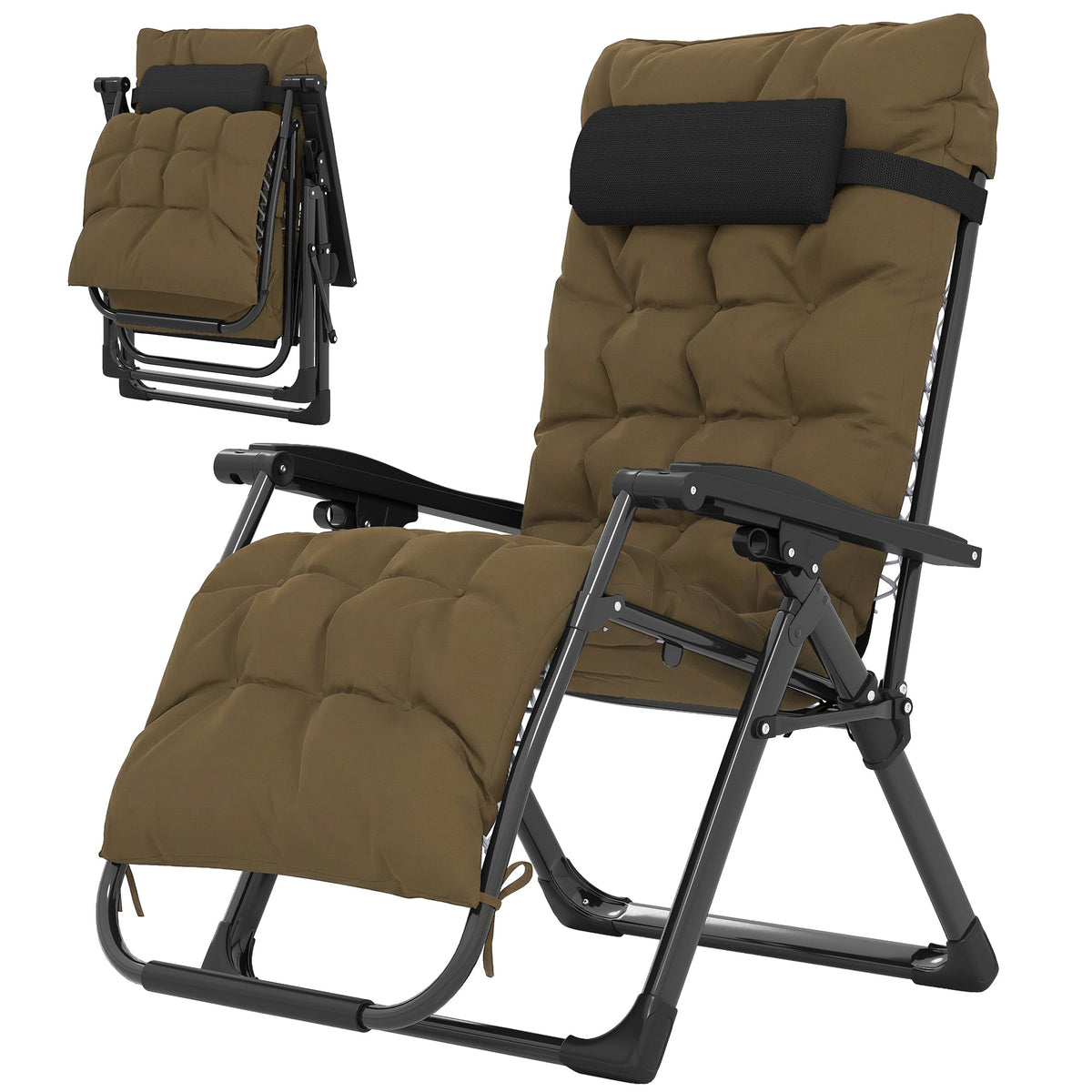Reclining Zero Gravity Chair with Cushion and Headrest, Khaki