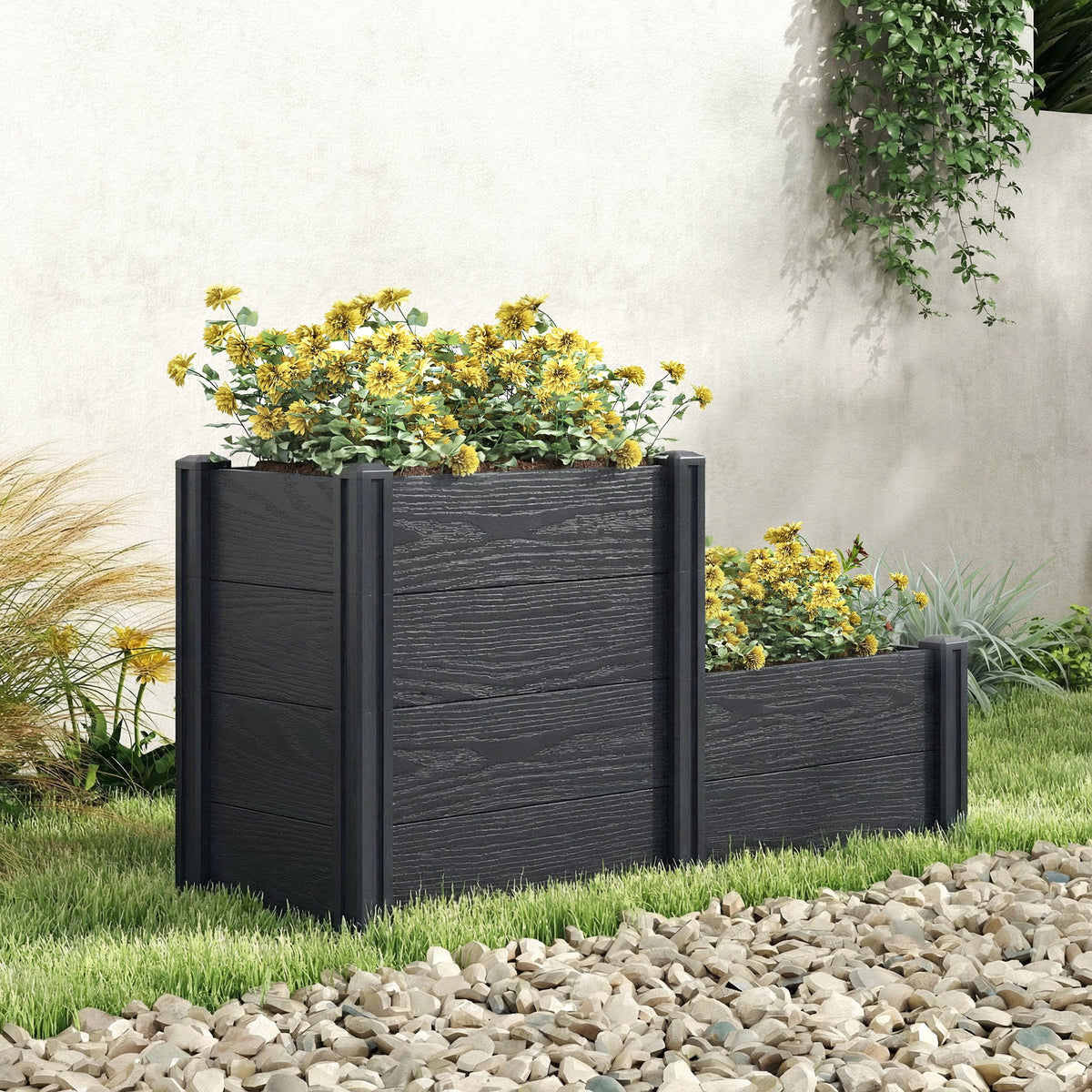 3-Tier Vinyl Raised Garden Bed with Open Bottom, Grey Wood Effect