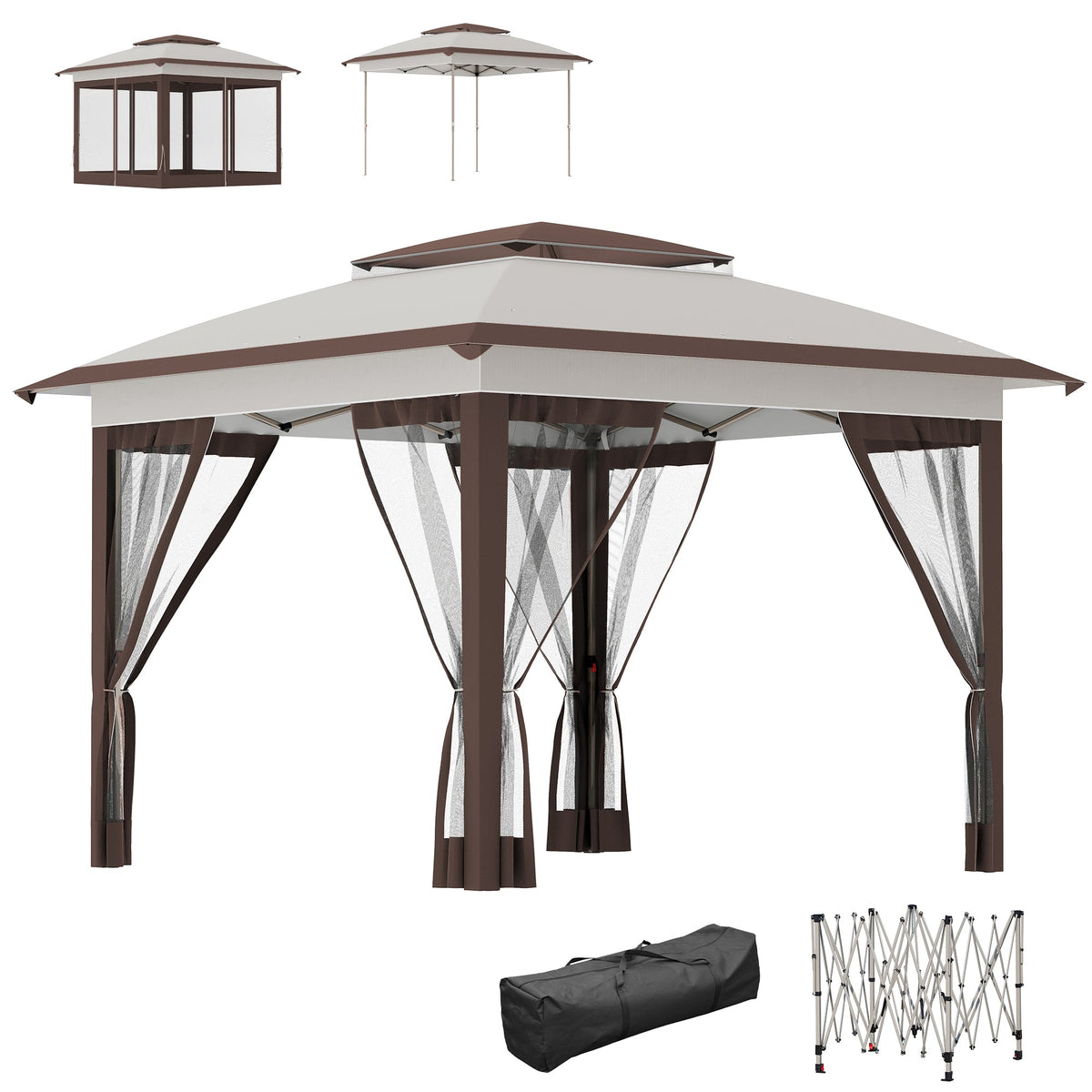 12' x 12' Pop-Up Canopy with Mesh Sidewalls, Adjustable Height, Beige Dark Brown