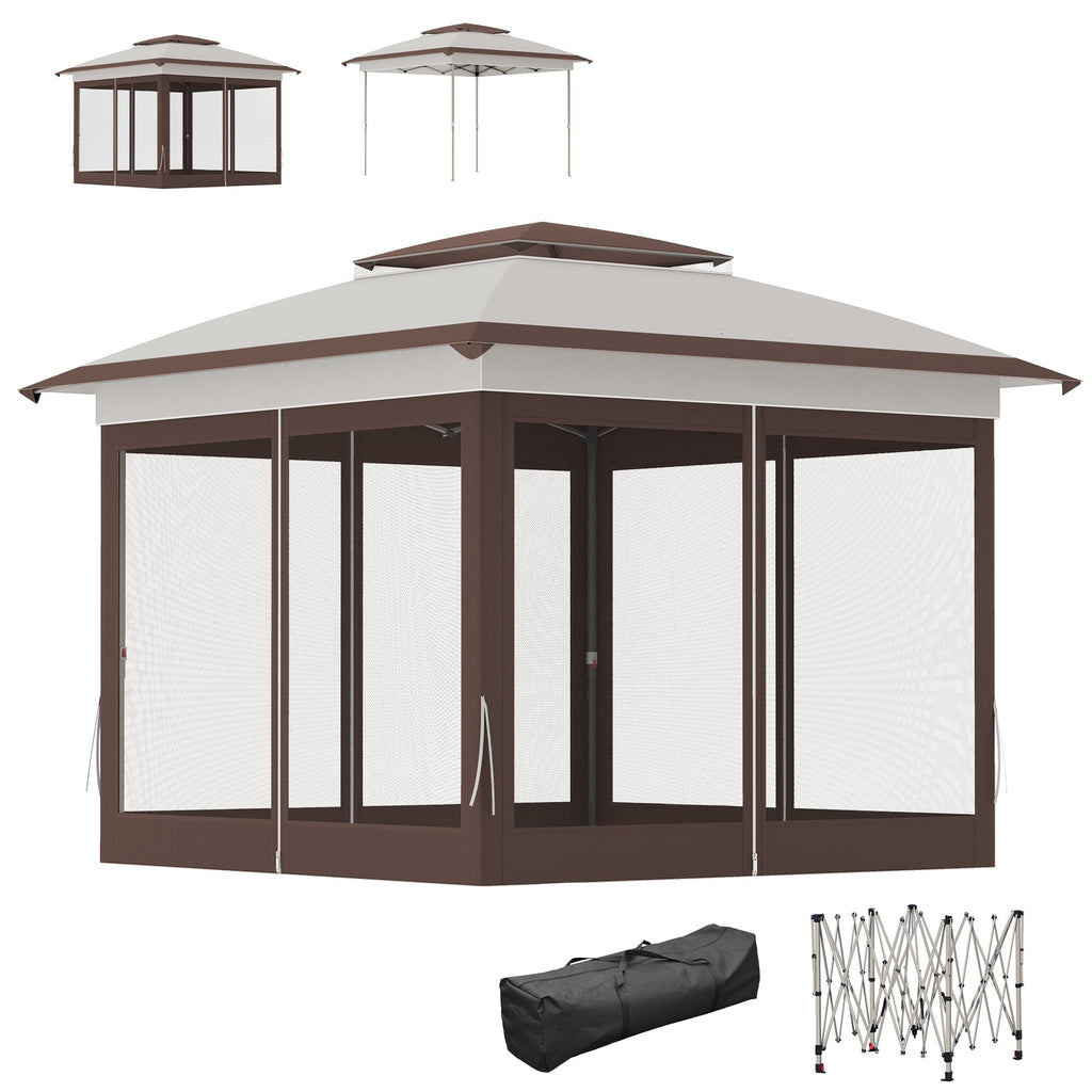 12' x 12' Pop-Up Canopy with Mesh Sidewalls, Adjustable Height, Beige Dark Brown