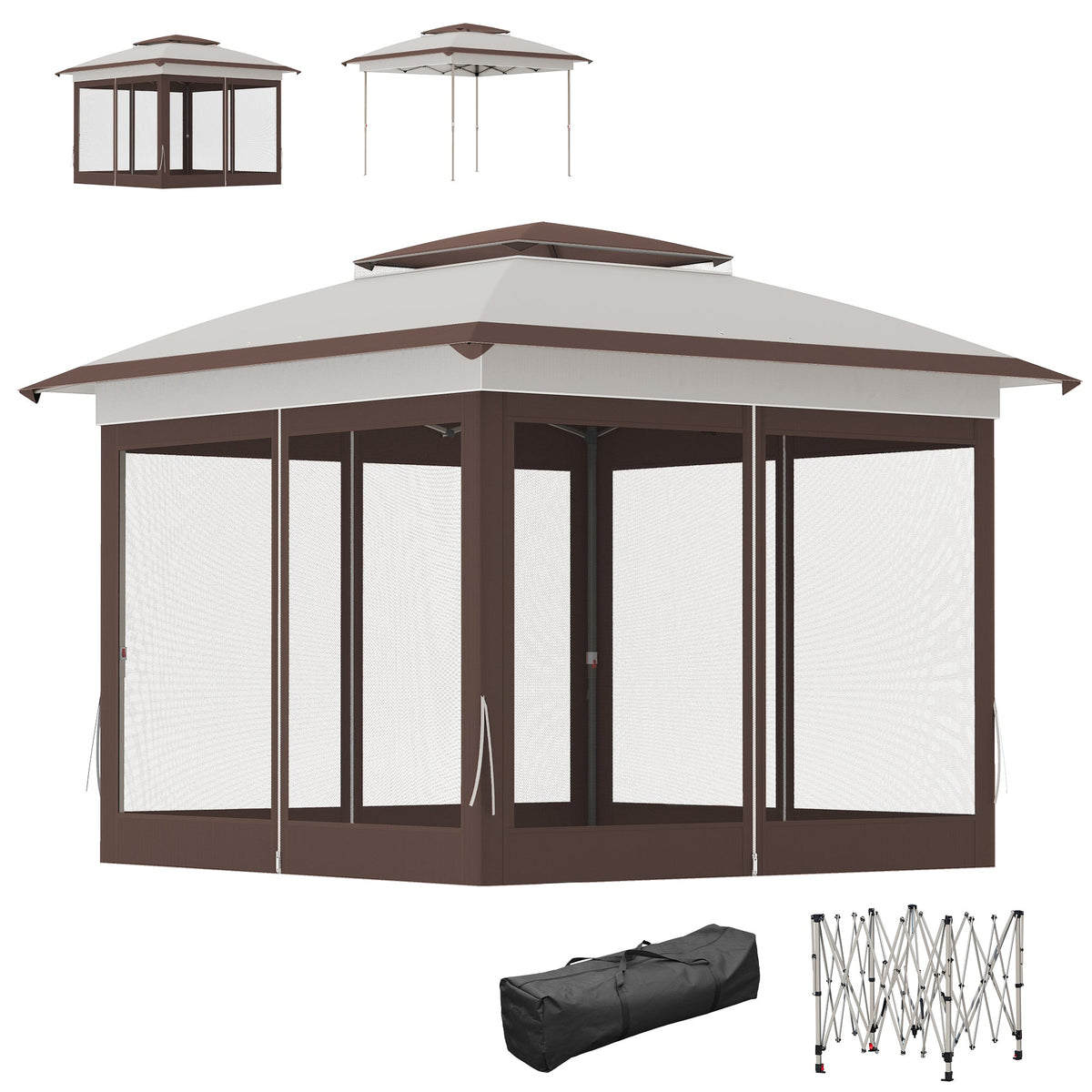 12' x 12' Pop-Up Canopy with Mesh Sidewalls, Adjustable Height, Beige Dark Brown