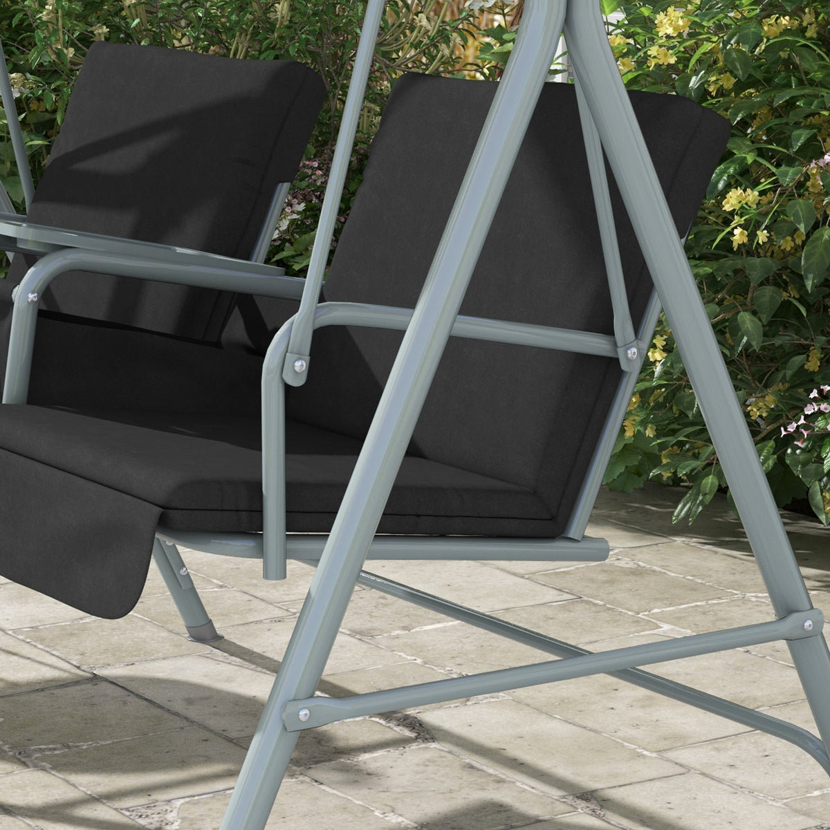 2 Person Porch Swing with Adjustable Canopy, Table and Storage Bag, Black