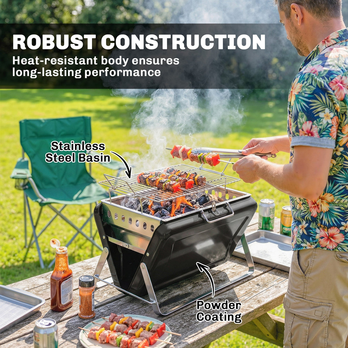 Folding Portable Charcoal BBQ Grill with Handle and Foldable Legs, Black