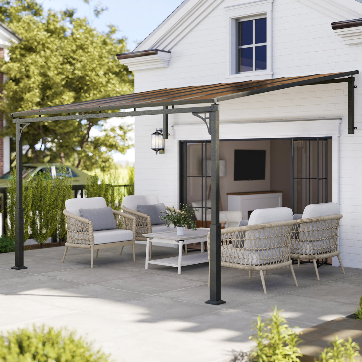 11' x 10' Wall Mounted Lean-to Pergola with Polycarbonate Roof, Brown