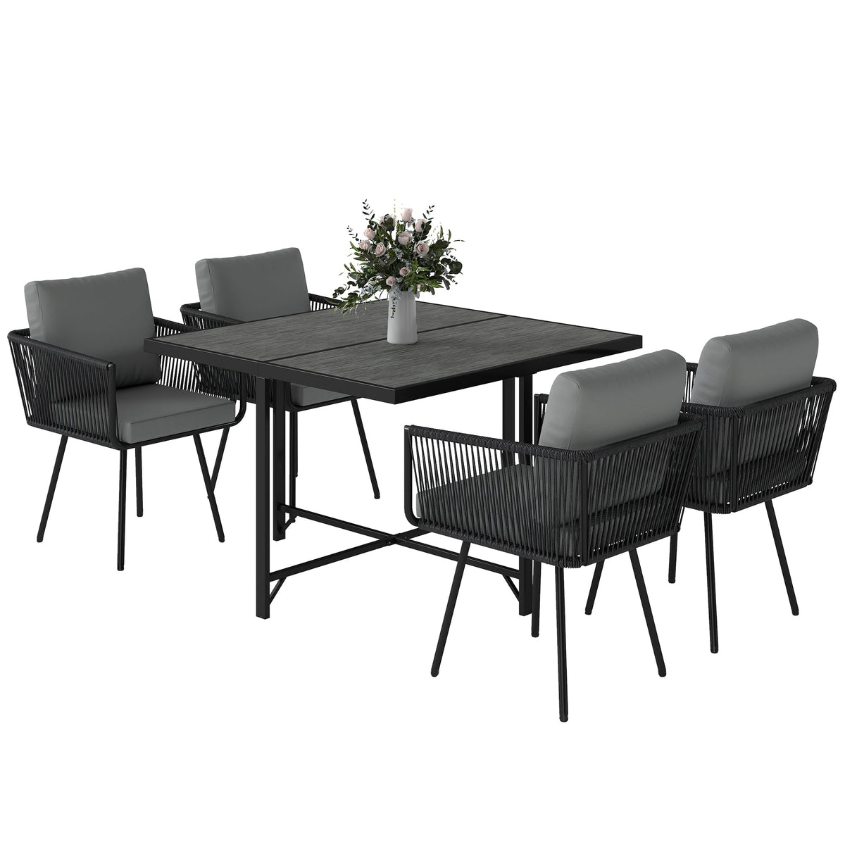 5 Piece Rattan Garden Dining Set with Stackable Chairs, Light Grey