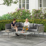 4-Seater L-Shaped Rattan Corner Sofa Set with Acacia Wood Coffee Table, Grey