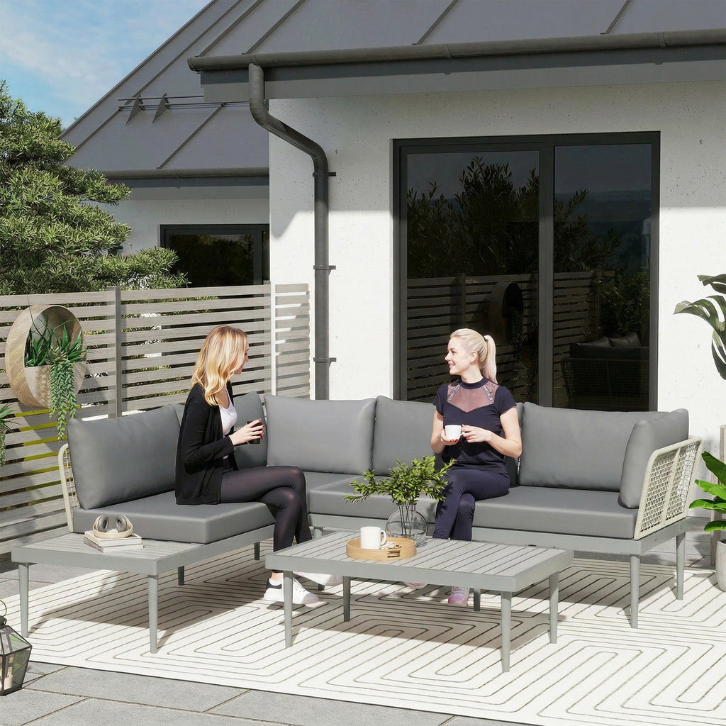4-Seater L-Shaped Rattan Corner Sofa Set with Acacia Wood Coffee Table, Grey