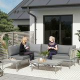 4-Seater L-Shaped Rattan Corner Sofa Set with Acacia Wood Coffee Table, Grey